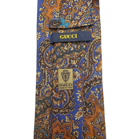 Vintage Gucci Paisley Silk Tie Made In Italy Brown Blue 1980s Designer - Picture 2 of 10